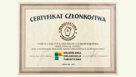 Certyfikat członkostwa w Dolnośląskiej Organizacji Turystycznej